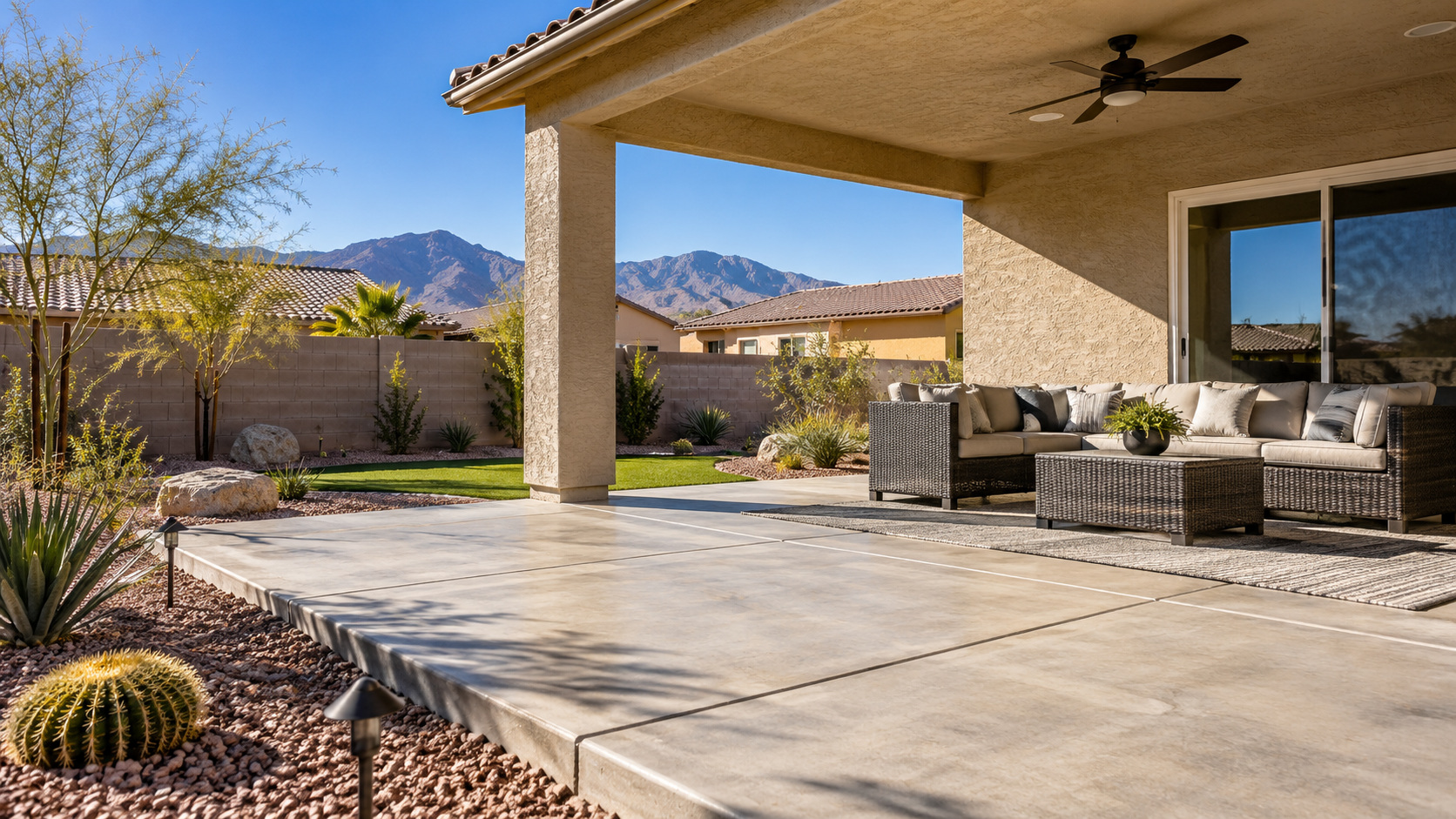 Concrete patio in a desert landscaped backyard