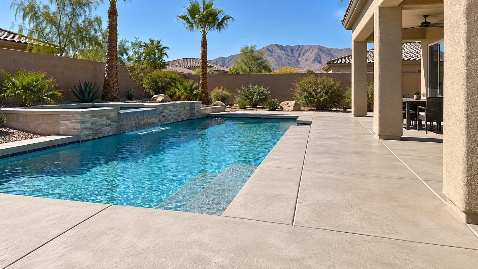 Concrete pool deck around a backyard swimming pool