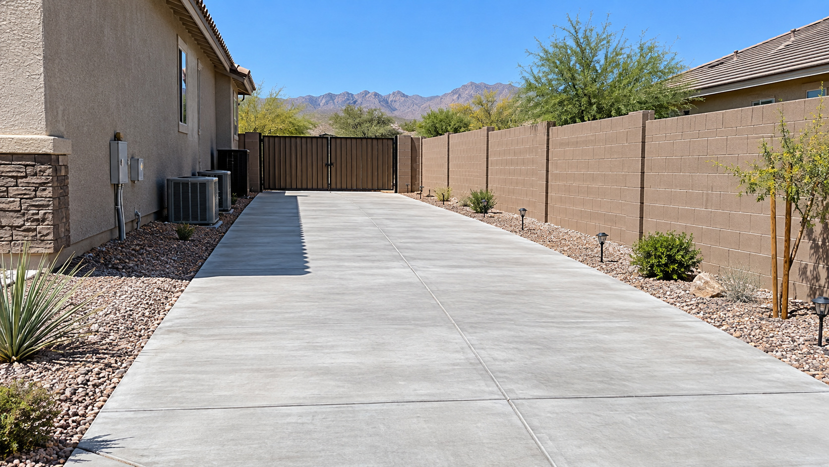 RV parked on a concrete pad at a desert property