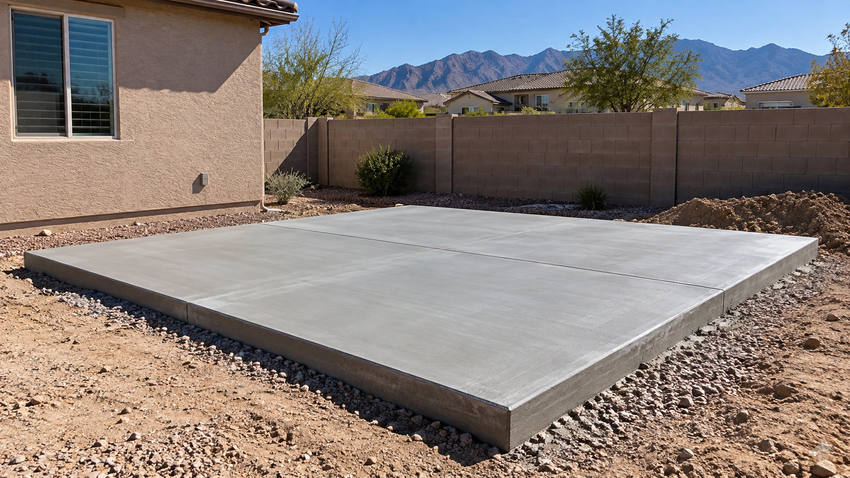 New concrete slab beside a desert home