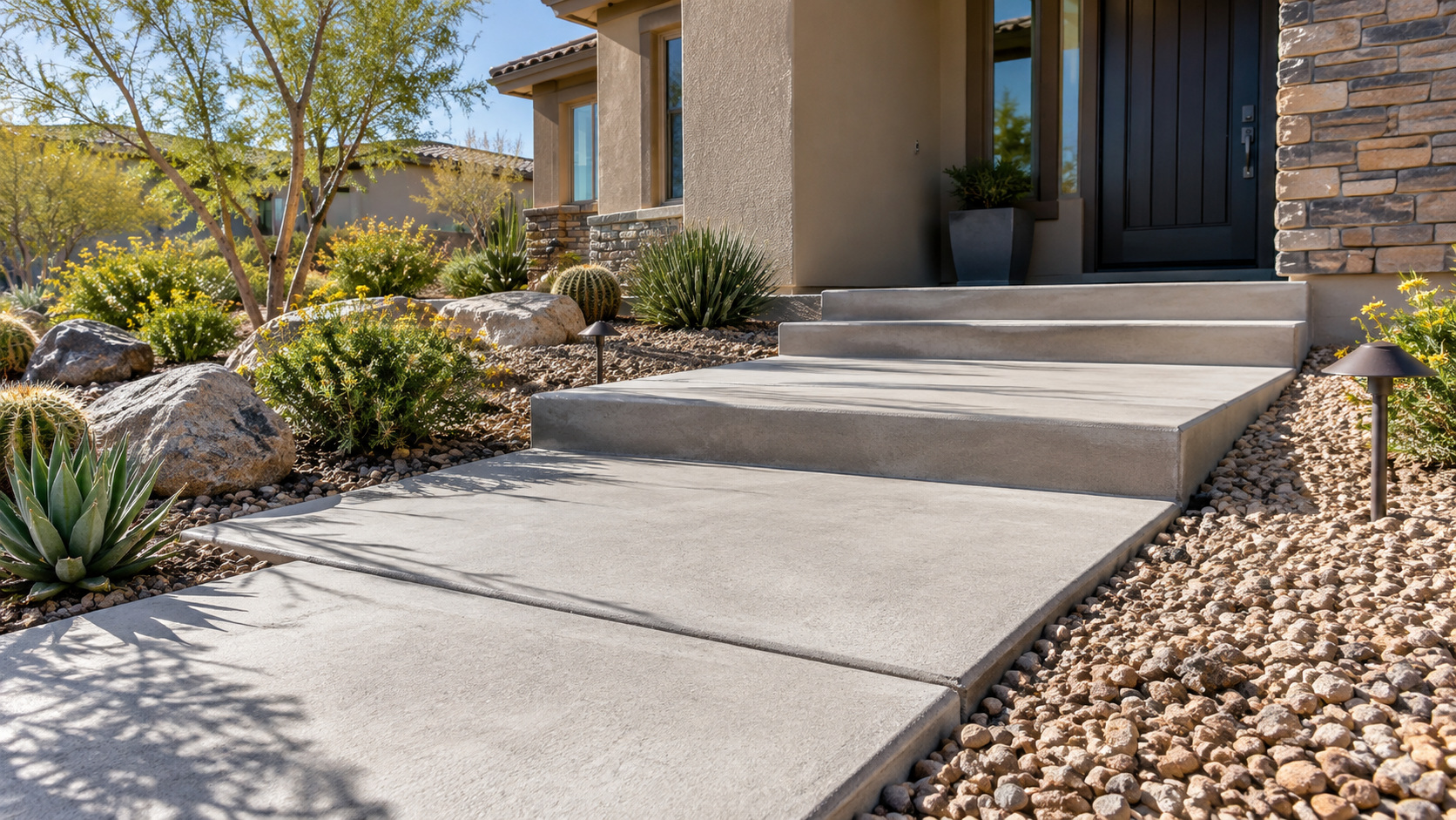 Concrete walkway through desert landscaping